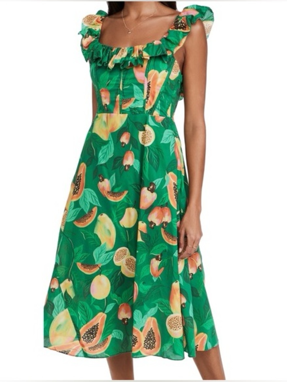 Farm Rio Green Papaya Salad Midi Dress Size Large Lined Pockets